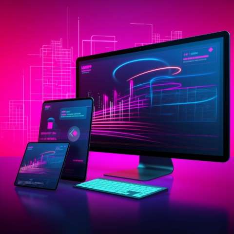 Futuristische Bildschirm-Interfaces auf Monitoren und Tablets - Professionelles Webdesign