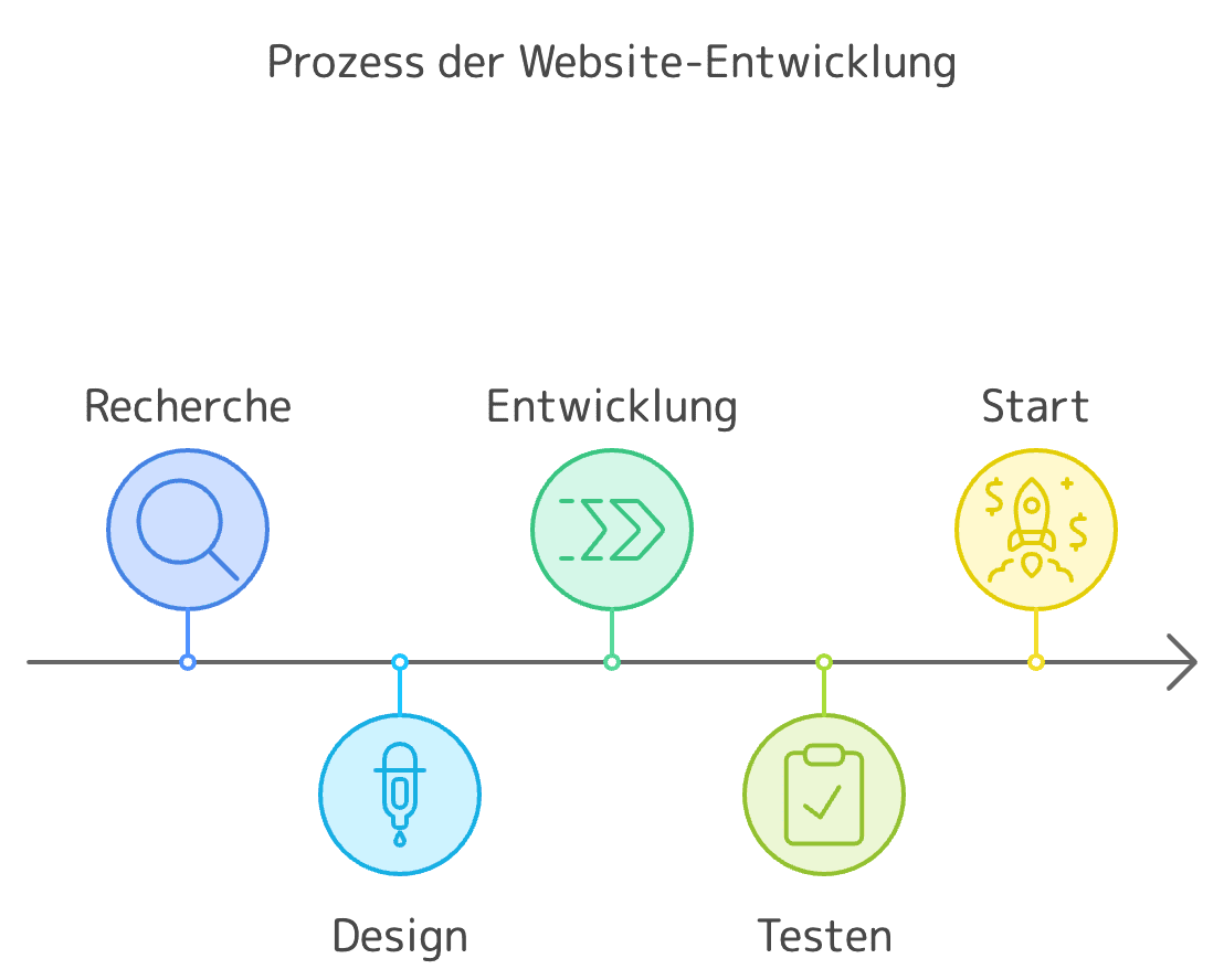 Website-Entwicklungsprozess: Recherche, Design, Entwicklung, Testen, Start.